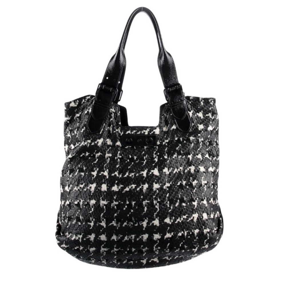 Alexander McQueen Black White Houndstooth Textured Leather Trim Tote Bag Italy